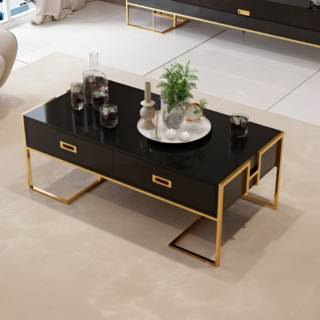Coffee Table with Drawers Lacquer Gold Base